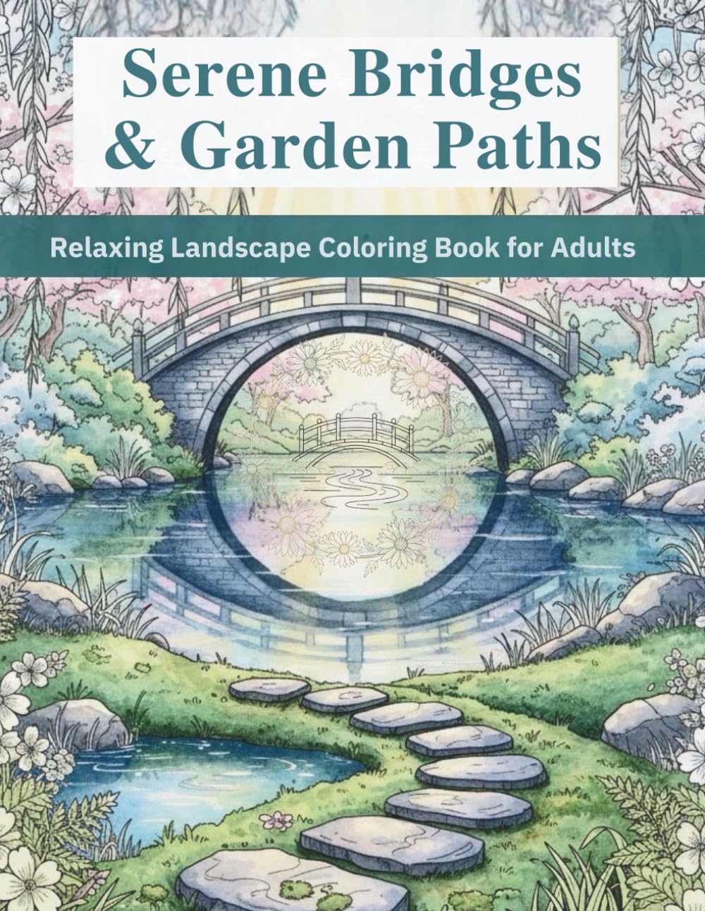 Serene Bridges and Garden Paths: Relaxing Landscape Coloring Book for Adults