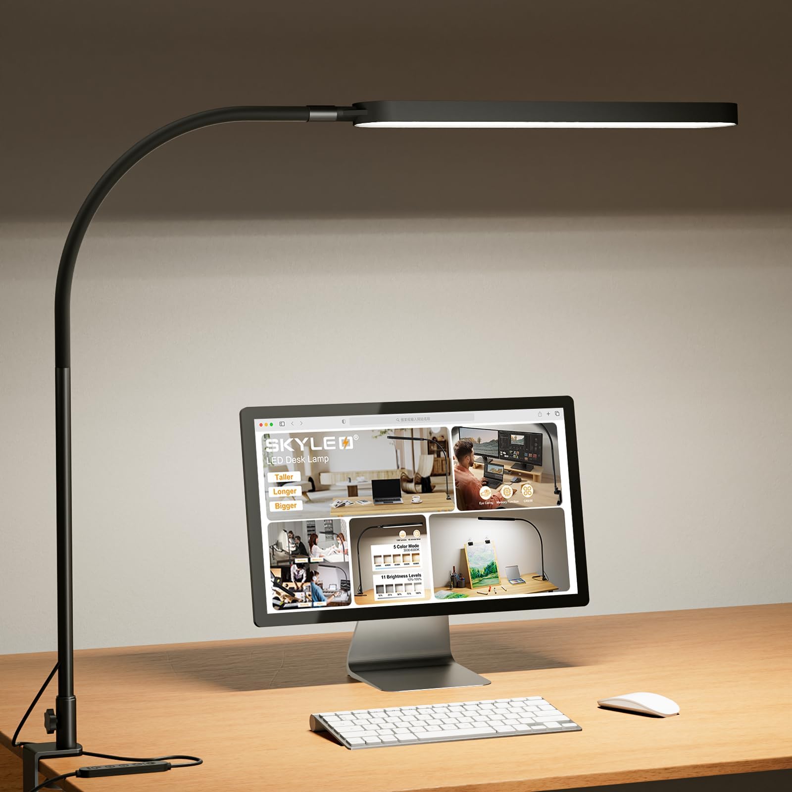 SKYLEO LED Desk Lamp - 85cm Desk Light - Touch Control - 5 Color Modes X 11 Brightness Levels - 1300LM(112 Pcs Lamp Beads) - Timmer & Memory Function - 12W Clip on Light - Black (A020)