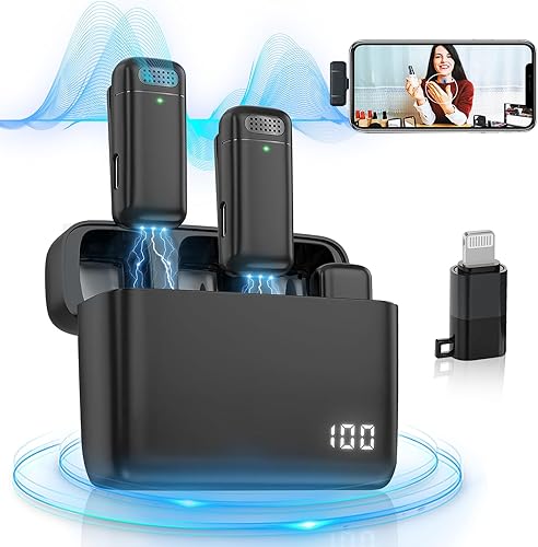 Miniatura 1 de YIMOCHI Micrófono Lavalier inalámbrico profesional para transmisión en vivo, entrevistas, grabación de vlogs, con estuche de carga y adaptador