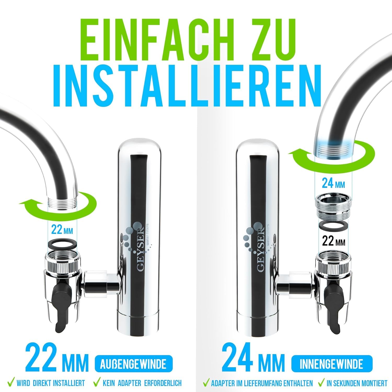 GEYSER EURO (3000L) Wasserfilter Wasserhahn Aragon, Reduziert Chlor & Gifte
