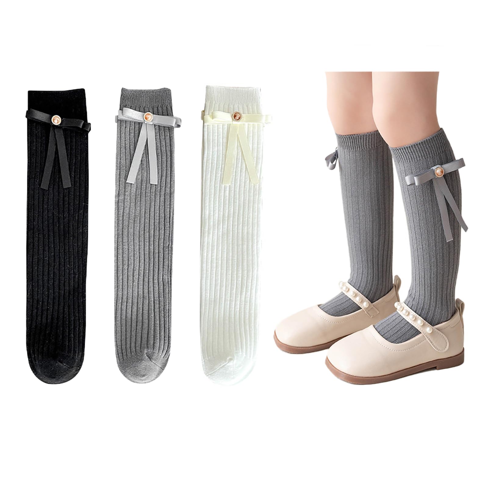 QKURT 3 Pares de Calcetines Hasta la Rodilla para Niñas de 4 a 12 Años, Calcetines Largos de Algodón, Calcetines de Uniforme Escolar con Lazos, Calcetines de Regreso a la Escuela
