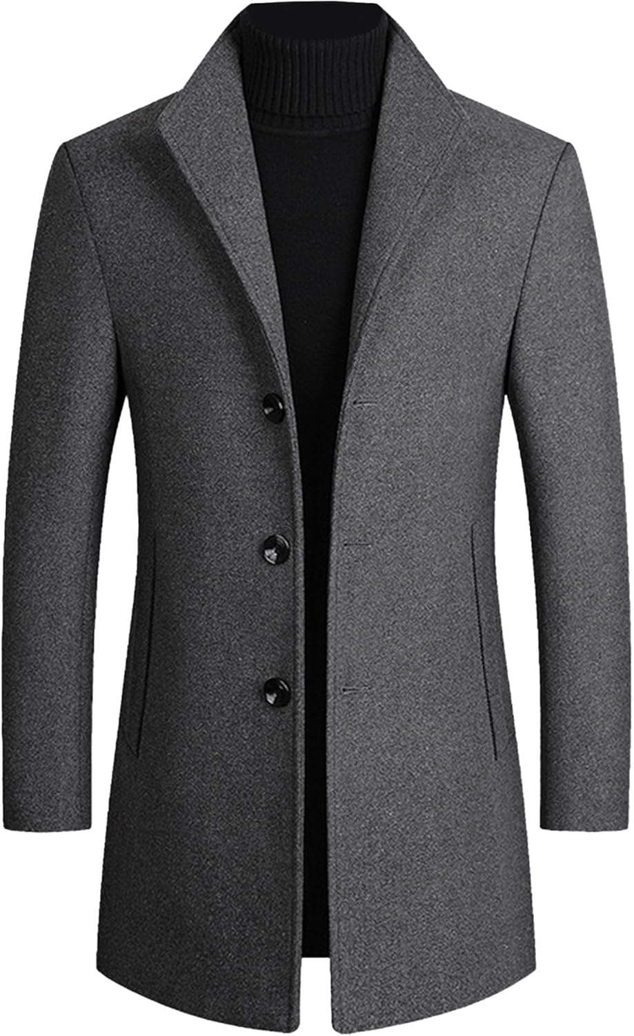 Men's Mid Long Trench Coat Long Wool Blend Coat Winter Classic Overcoat Pea Coat Slim Fit Single Breasted Jackets