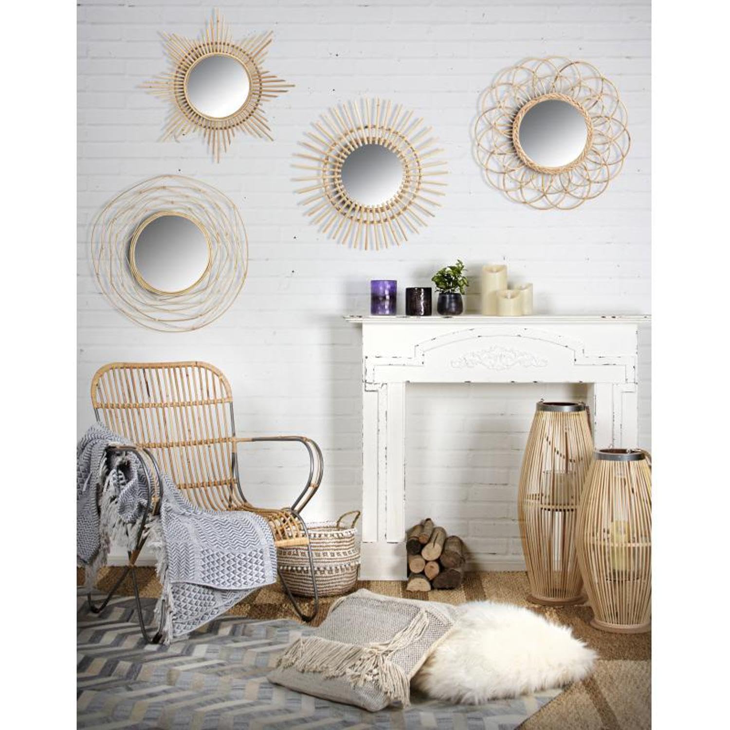 AUBRY GASPARD - Miroir en Rotin Étoile - Naturel - Ø Total 65 cm - Ø du Verre 27 cm - Fabrication Artisanale - Attache Murale Incluse - Design Élégant pour Décoration Intérieure