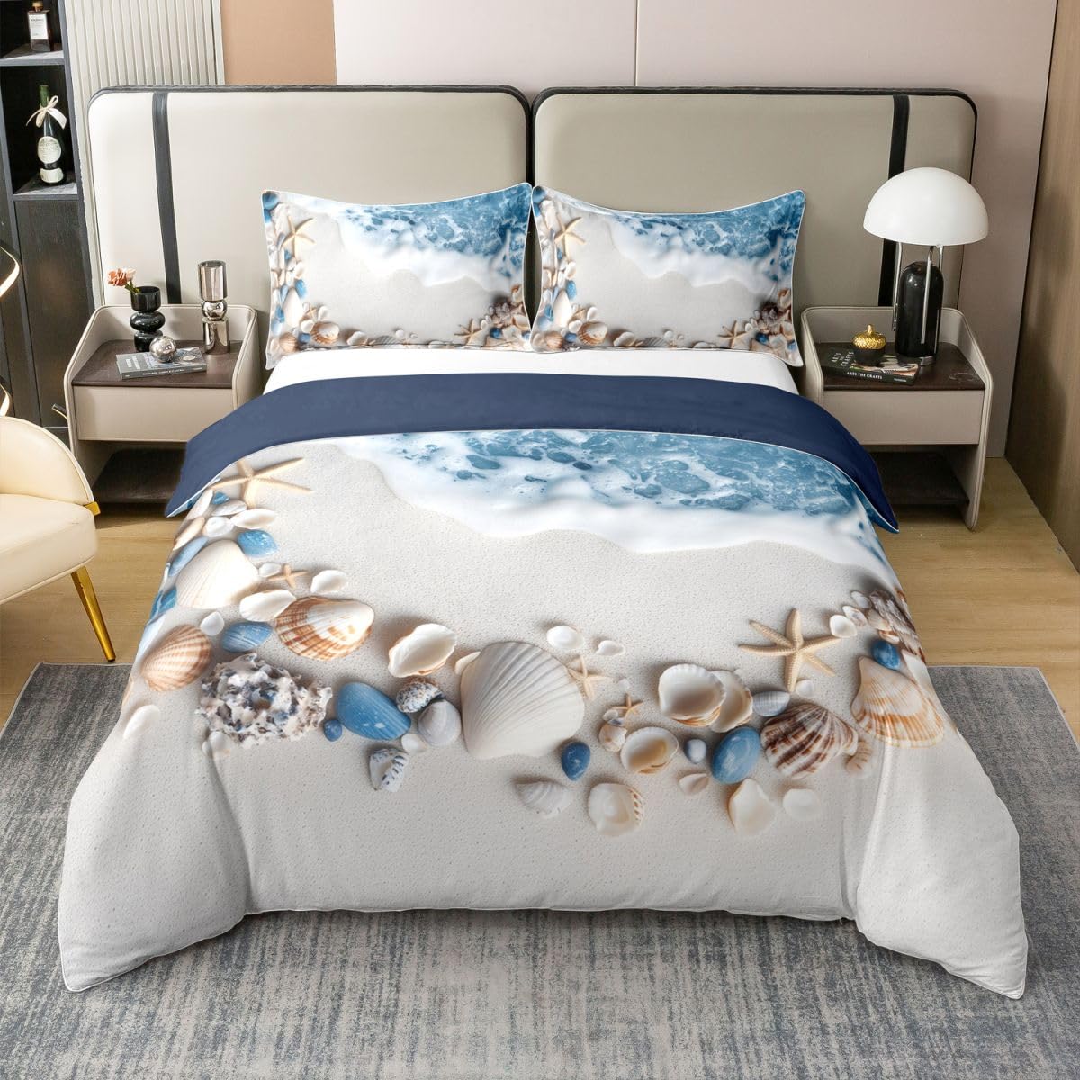 Parure de lit thème côtier avec housse de couette 200x200 étoile de mer conque