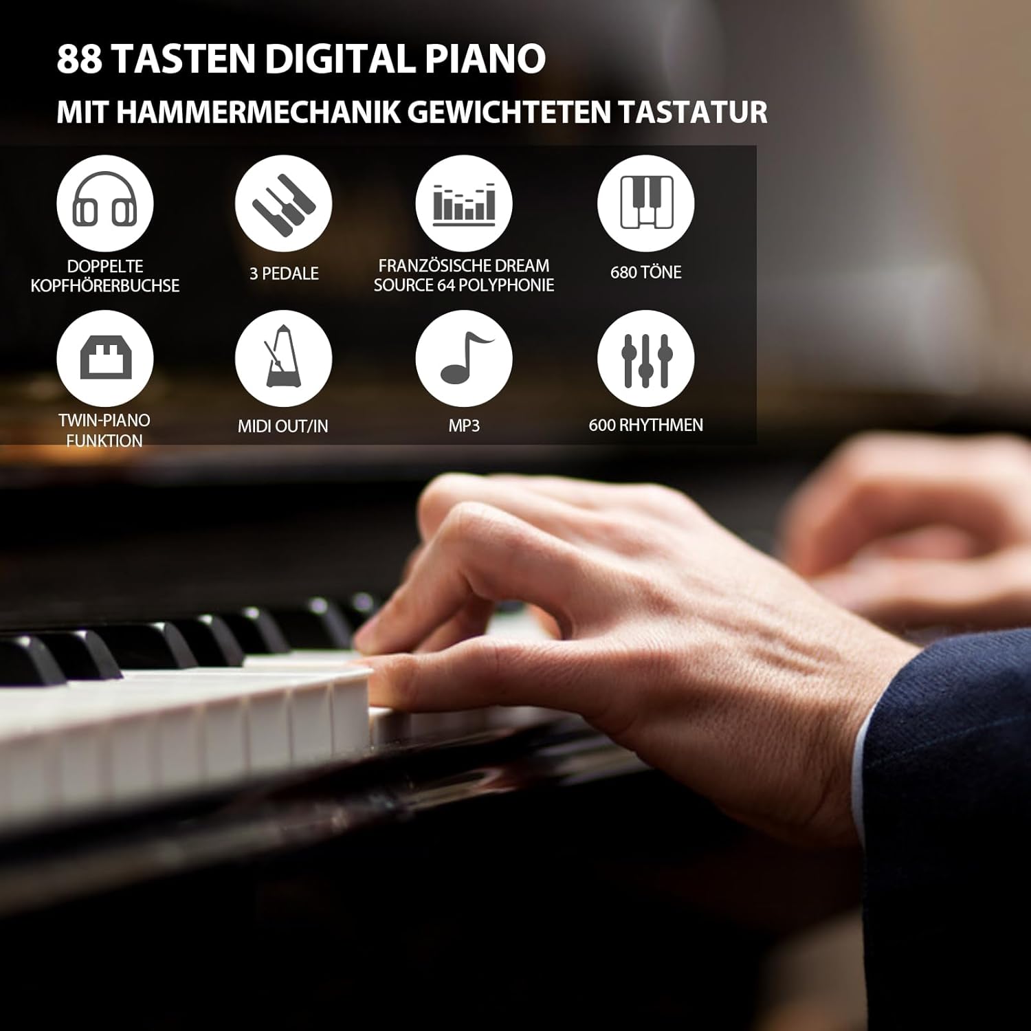Hands playing the digital piano with feature icons