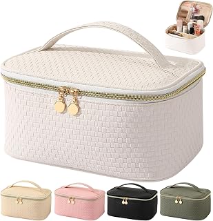 Women's Culture Bag, Waterproof Travel Cosmetic Bag, PU Leather Makeup Bag, Large Makeup Bag with Brush Shelves, Waterproof and Organized Portable Cosmetic Bag, Pearl White, 25×17×12.5cm, Zipper