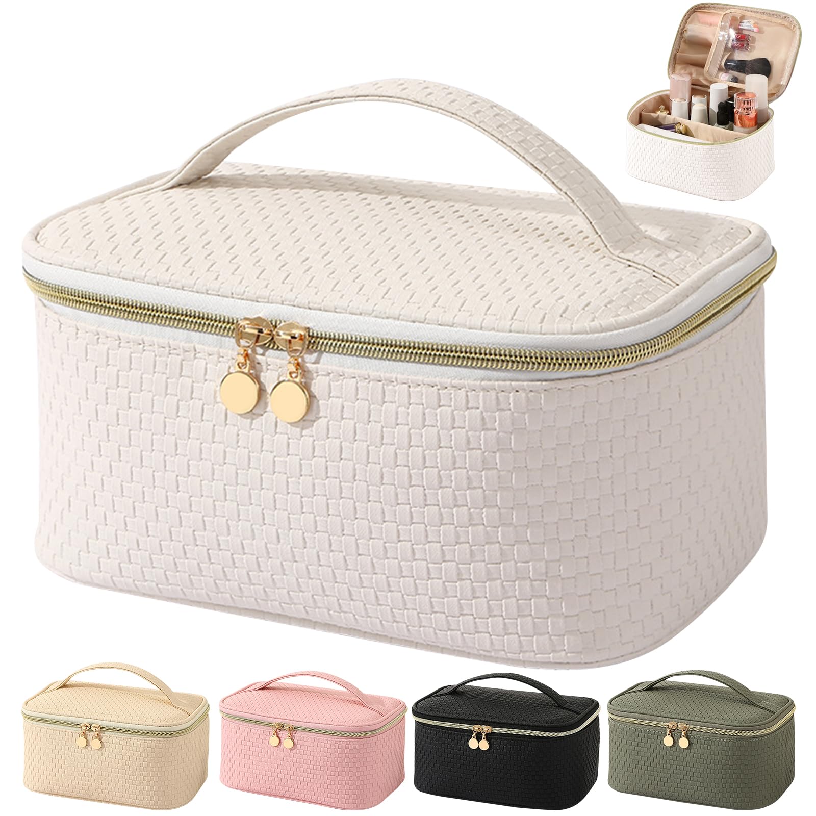 Bestash Neceser Maquillaje,Neceser Mujer Grande Viaje con Porta Brochas,Impermeable Bolsa de Maquillaje Organizador con Compartimento (Perla Blanca)