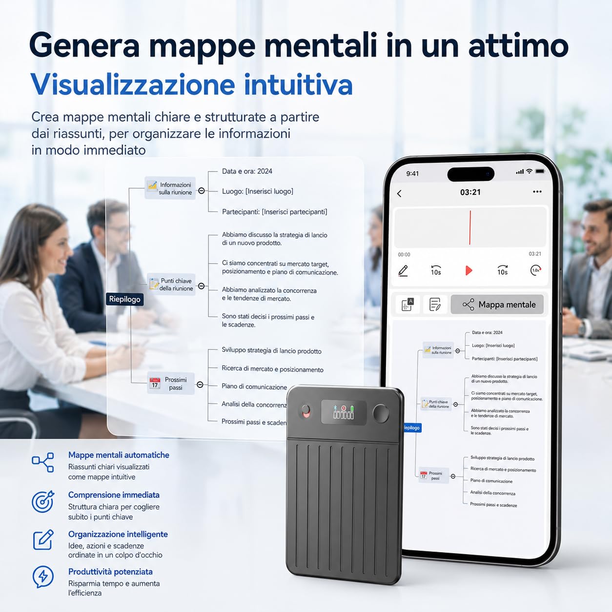 Volovivo Registratore vocale smart AI con schermo, 64 GB, 256 lingue | Registratore AI con trascrizione live, sintesi, traduzione e memoria da 64 GB