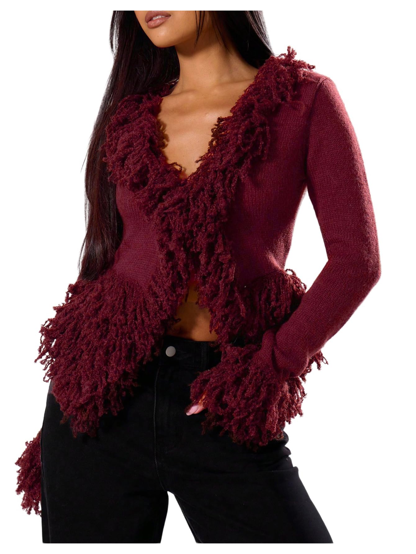 wdirara Women's Fuzzy Trim Cardigan Sweater Goth Punk V Neck Long Sleeve Knit Outerwear-picture-38