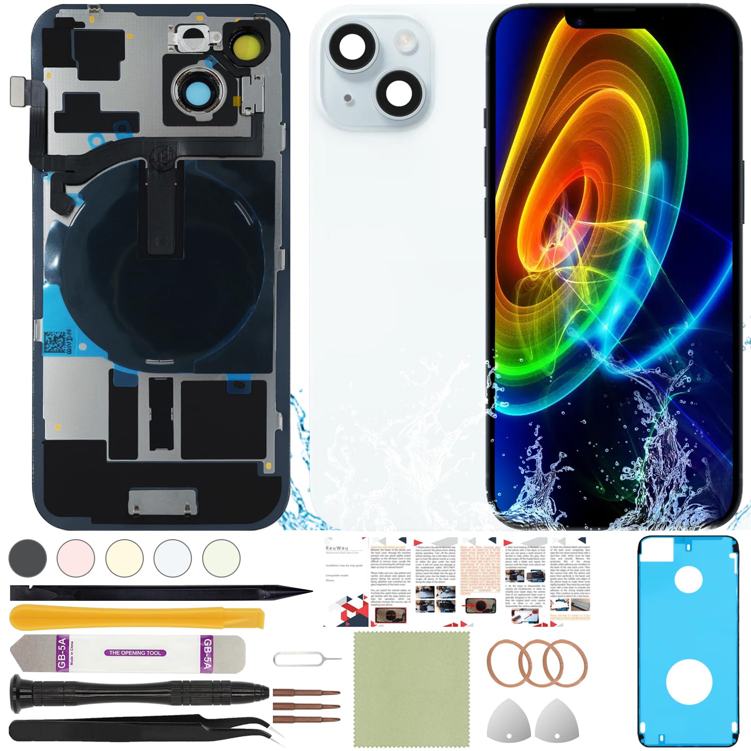 Photo 1 of ReuWeu Back Screen Glass Replacement Compatible with iPhone 15 All Carriers 6.1" + Pre-Installed Plate + Wireless Charging Coil Flex Cable + Microphone + Flashlight + Camera Frame (Blue)