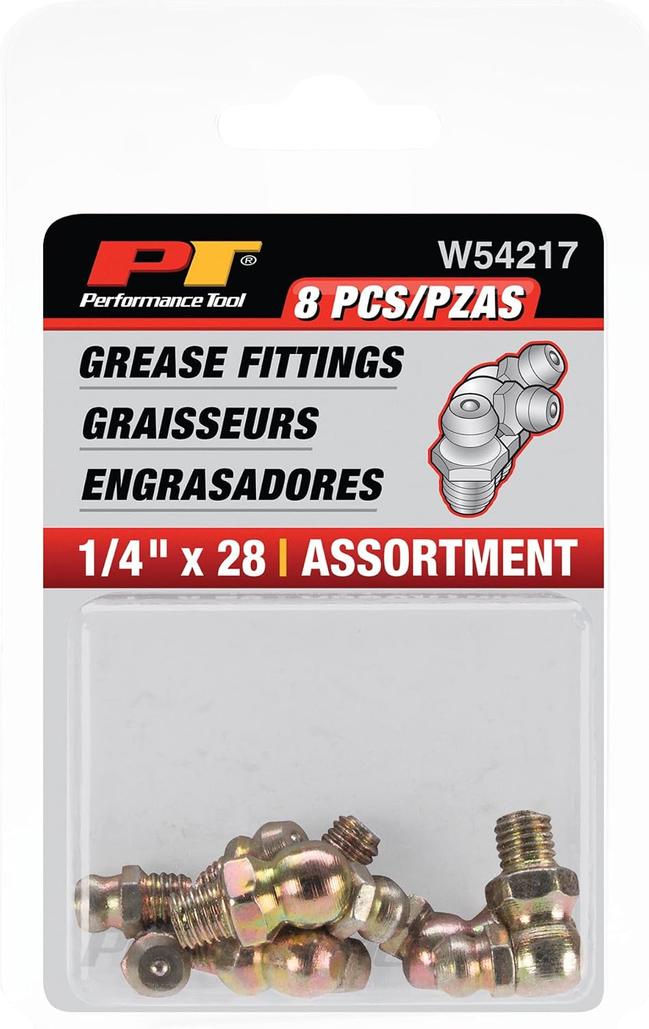 Performance Tool W54217 SAE Brake Line Fitting Kit - 1/4-Inch x 28 Thread - Includes 8 Fittings: 4 Straight, 2 45 Degree, and 2 90 Degree