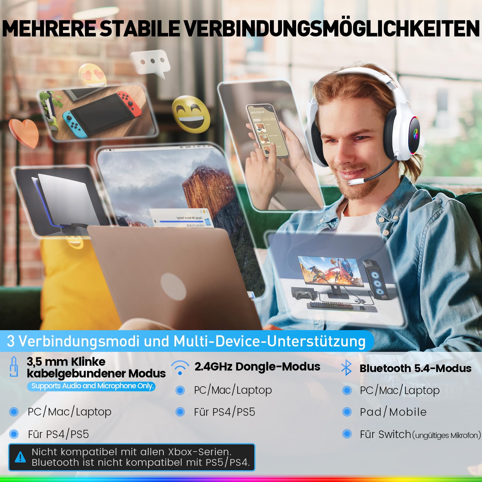 PH1 Wireless Gaming Headset 50H Akku & Spielen beim Laden, 2.4GHz+BT(≤20ms), Surround Sound Headphone Mit Mikrofon für Streaming/FIFA/CS:GO, Kompatibel für PS5/PS4/Switch, Cream White