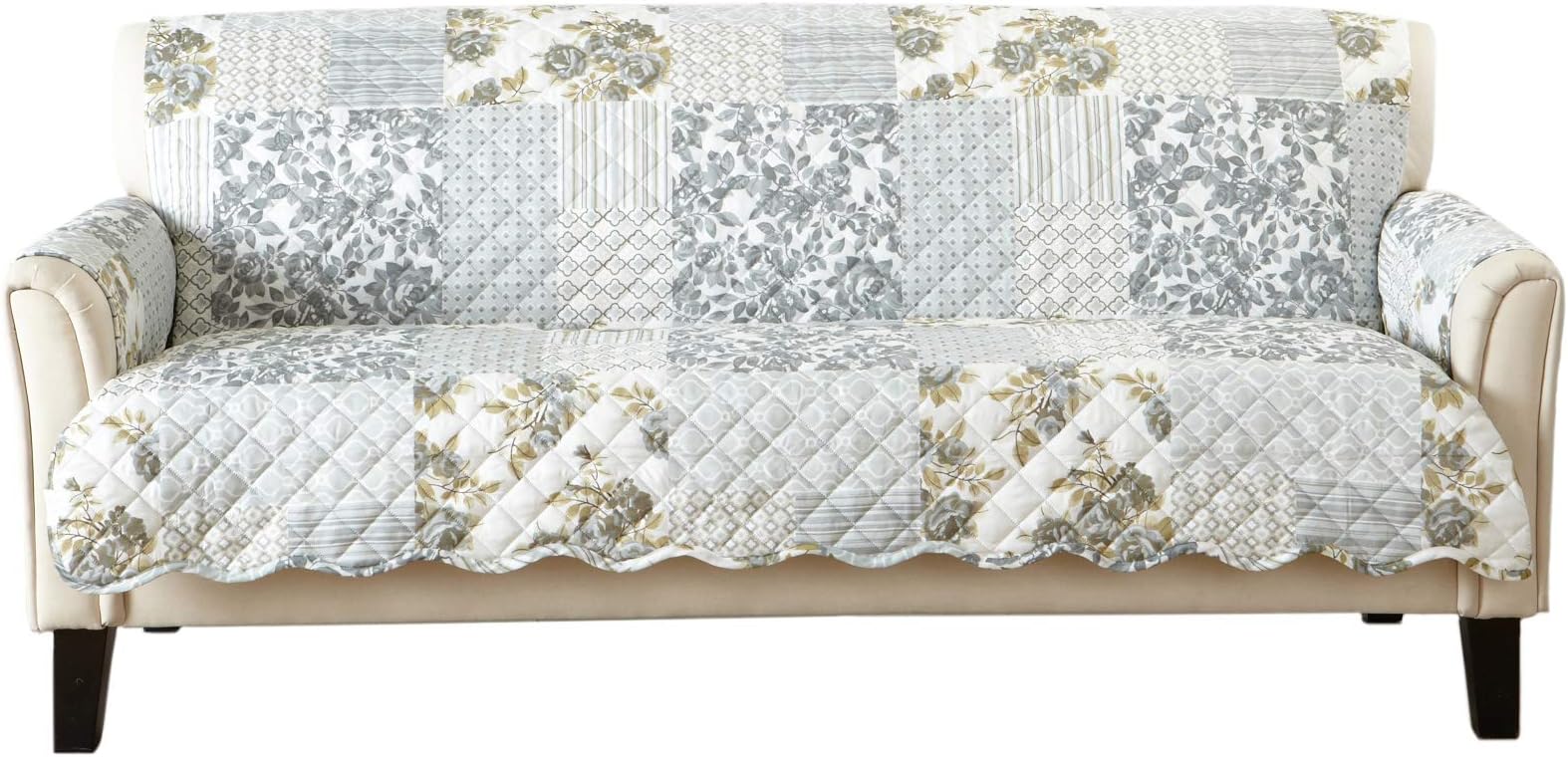 Patchwork Scalloped Printed Furniture Protector. Stain Resistant Couch Cover. (Sofa, Grey)
