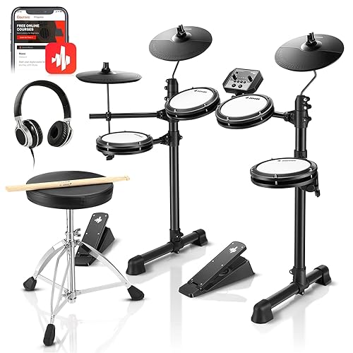 Donner DED-80 Electronic Drum Set with 4 Quiet Mesh Pads, 180+ Sounds, 2 Pedals, Throne, Headphones, Sticks, and Melodics Lessons - DED-80