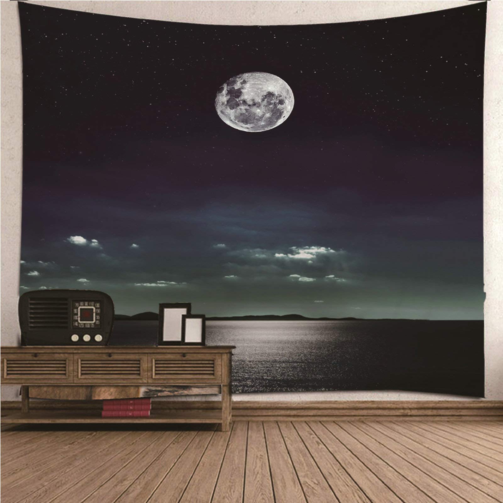 Tapices de pared de tela negra con diseño de luna llena en el mar