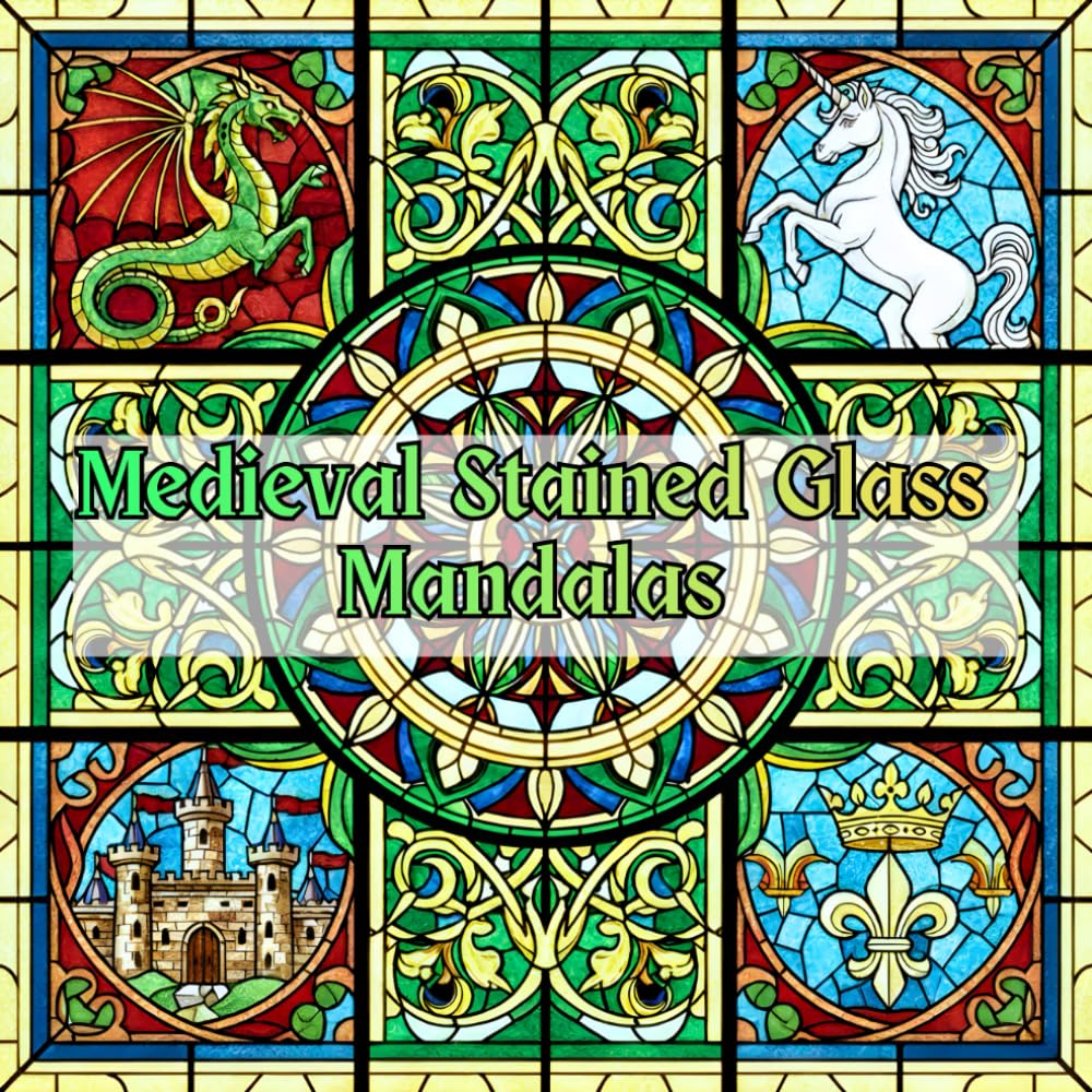 Medieval Stained Glass Mandalas: 40+ Fantasy Windows with Dragons, Knights, Castles & Gothic Art
