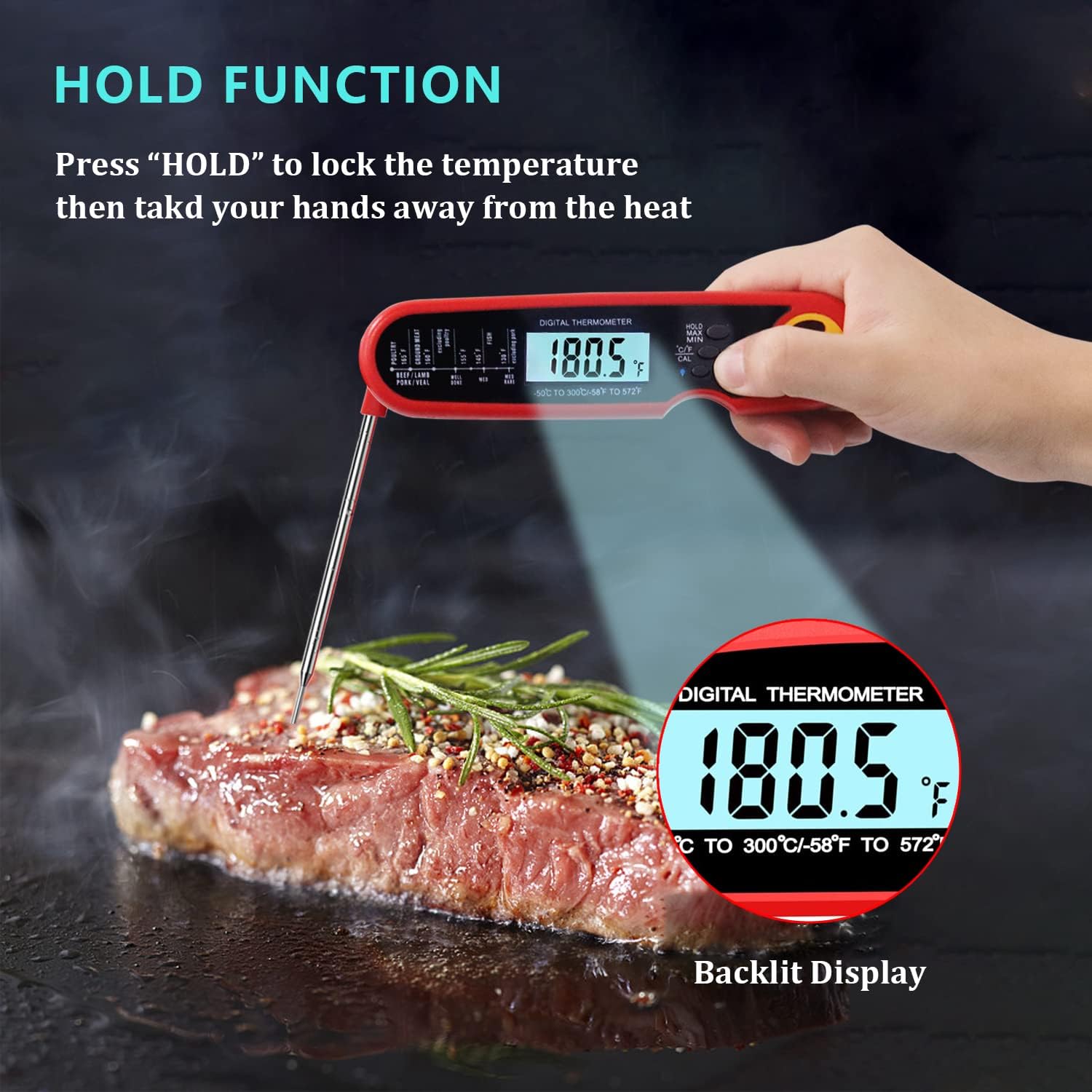 review Humdax Instant Read Meat Thermometer for Cooking, 2022 Digital Meat Thermometer with Probe, IP67 Waterproof and Backlight, Food Thermometer for Grilling BBQ, Baking, Liquids, Candy & Air Fryer