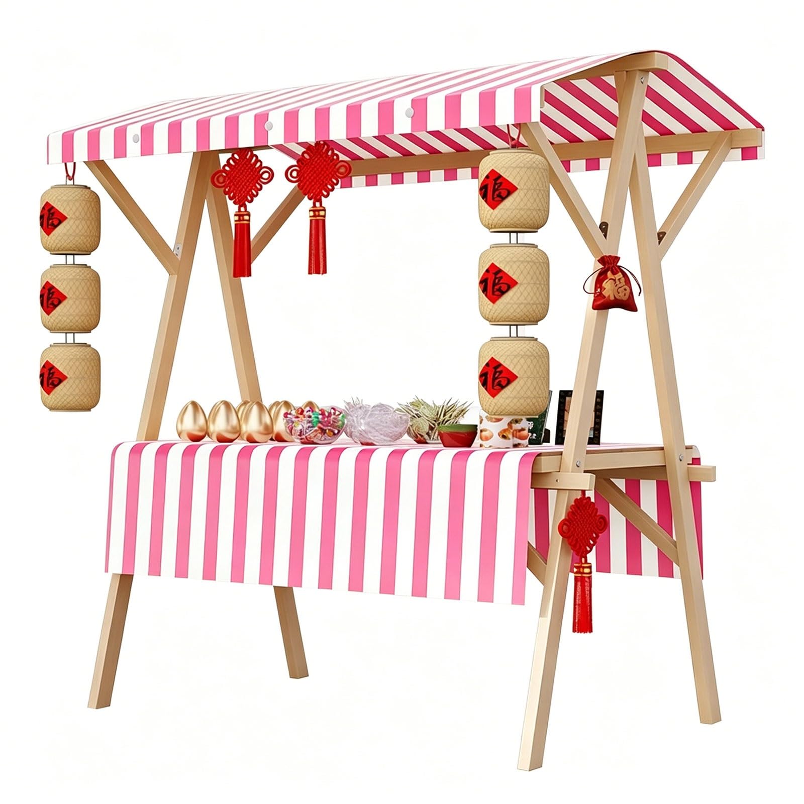 Wooden Market Stall Stand with Canopy, Foldable Vendor Cart Table for Farmers Market, Display Tent for Outdoor Events(Pink,160cm/63in)