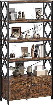 Industrial Bookshelf 4 Open Storage Bookcase with 2 Doors, Rustic Brown