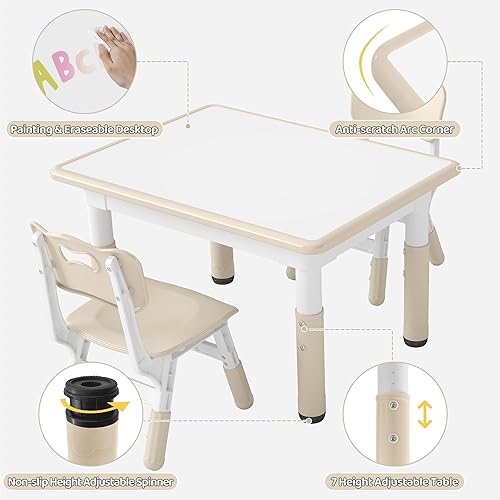 Miniatura 6 de Juego de mesa y 2 sillas para niños, mesa y sillas para niños pequeños de altura ajustable con escritorio de graffiti, 31.5 pulgadas de largo x 23.6