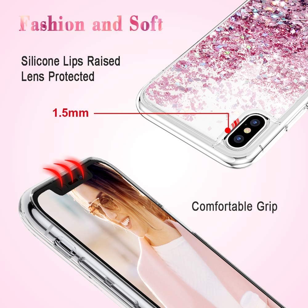 Caka iPhone Xs Max Case, iPhone Xs Max Glitter Case with Tempered Glass Screen Protector Bling Flowing Floating Luxury Glitter Sparkle Soft TPU Liquid Case for iPhone Xs Max (6.5 inch) (Rose Gold)