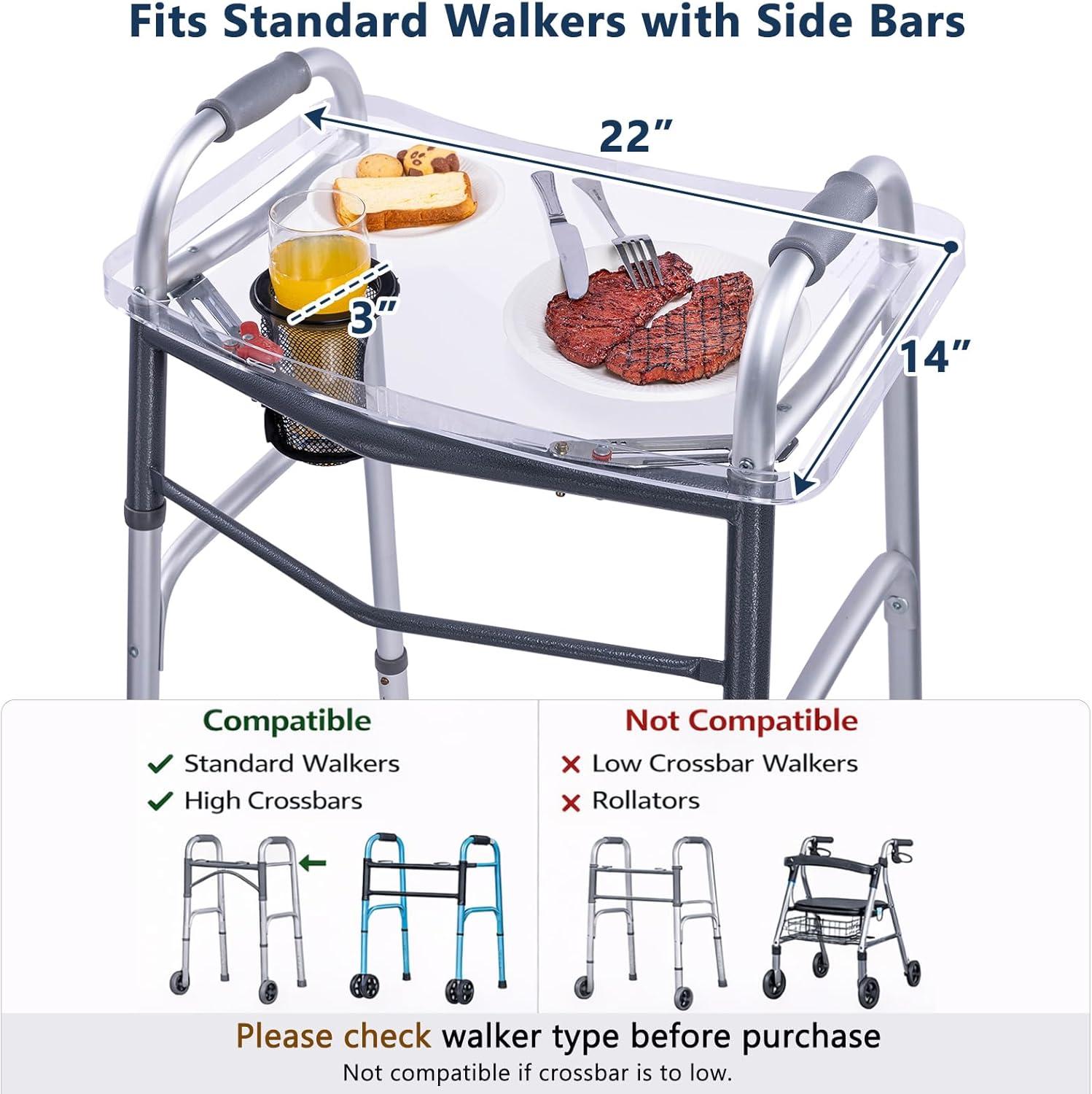 BAGSFY Clear Walker Tray Table with Cup Holder, Non-Slip Food Tray, Fits Standard Folding Walkers with Side Bars, Walker Accessories for Seniors, Supports Up to 10 lbs