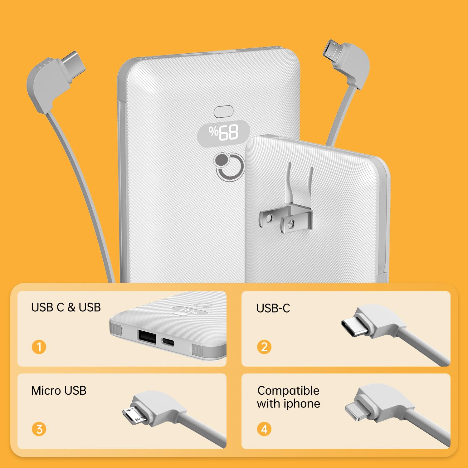 Brand Q Cargador portátil de 10000 mAh con cables integrados y enchufe de pared de CA, cargador USB C de carga rápida con 3 cables, batería externa de 5 salidas compatible con iPhone, tablet y todos