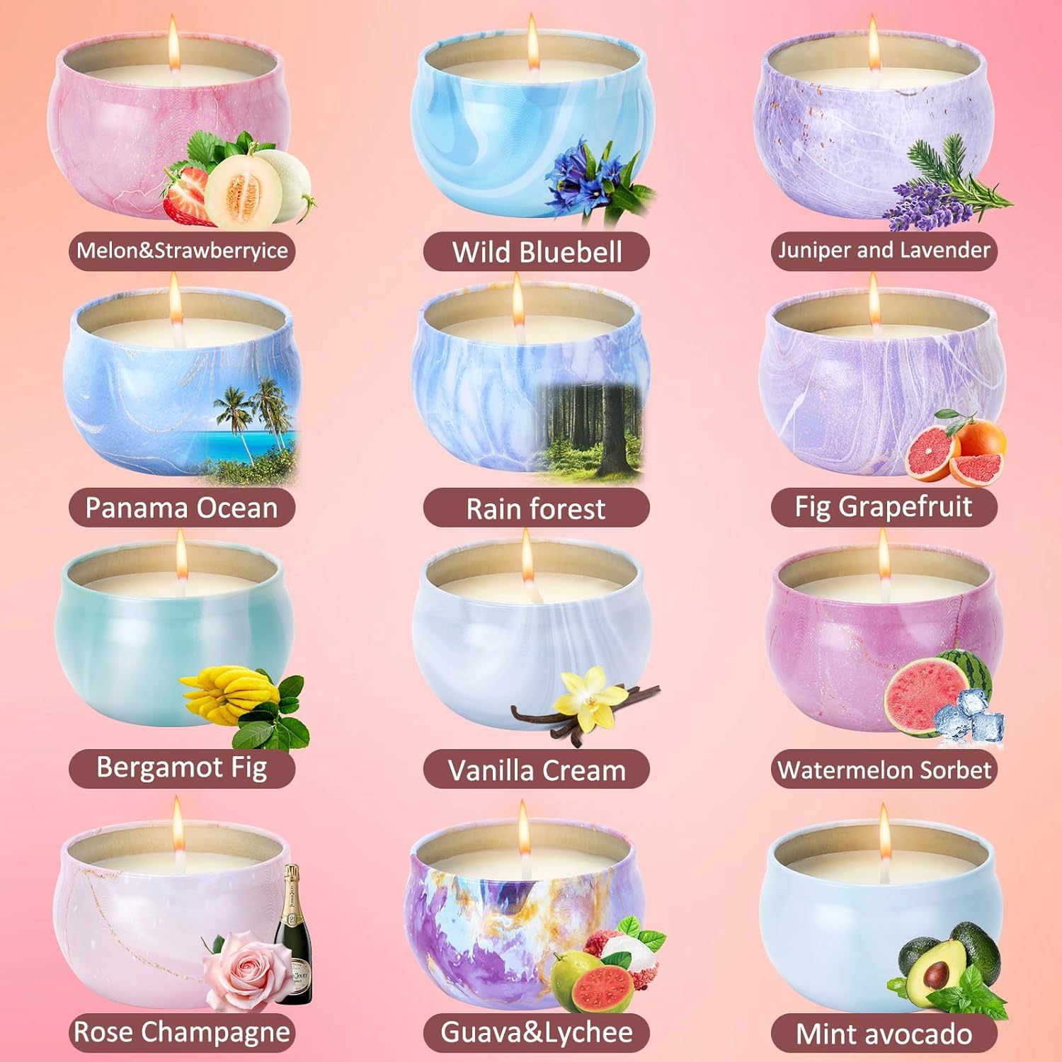 Geurkaarsen cadeauset voor vrouwen, 12 stuks geurkaarsen set, sojawaskaars, grote kaarsen in glas, cadeauset voor mama, Kerstmis, verjaardag, bad, yoga, ontspanning, brandtijd tot 300 uur