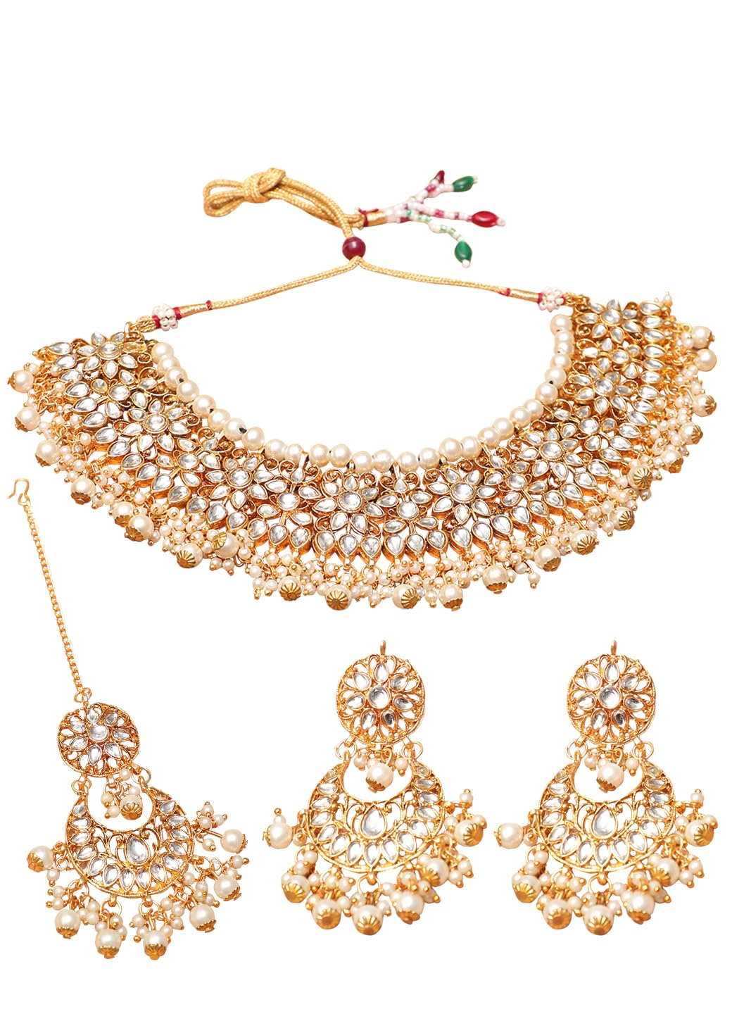 Gold-Plated Kundan Pearl Choker Necklace Set with Matching Chandbali Earrings & Maang Tikka | Traditional Bridal Wedding Jewelry Set for Women & Girls-image-41