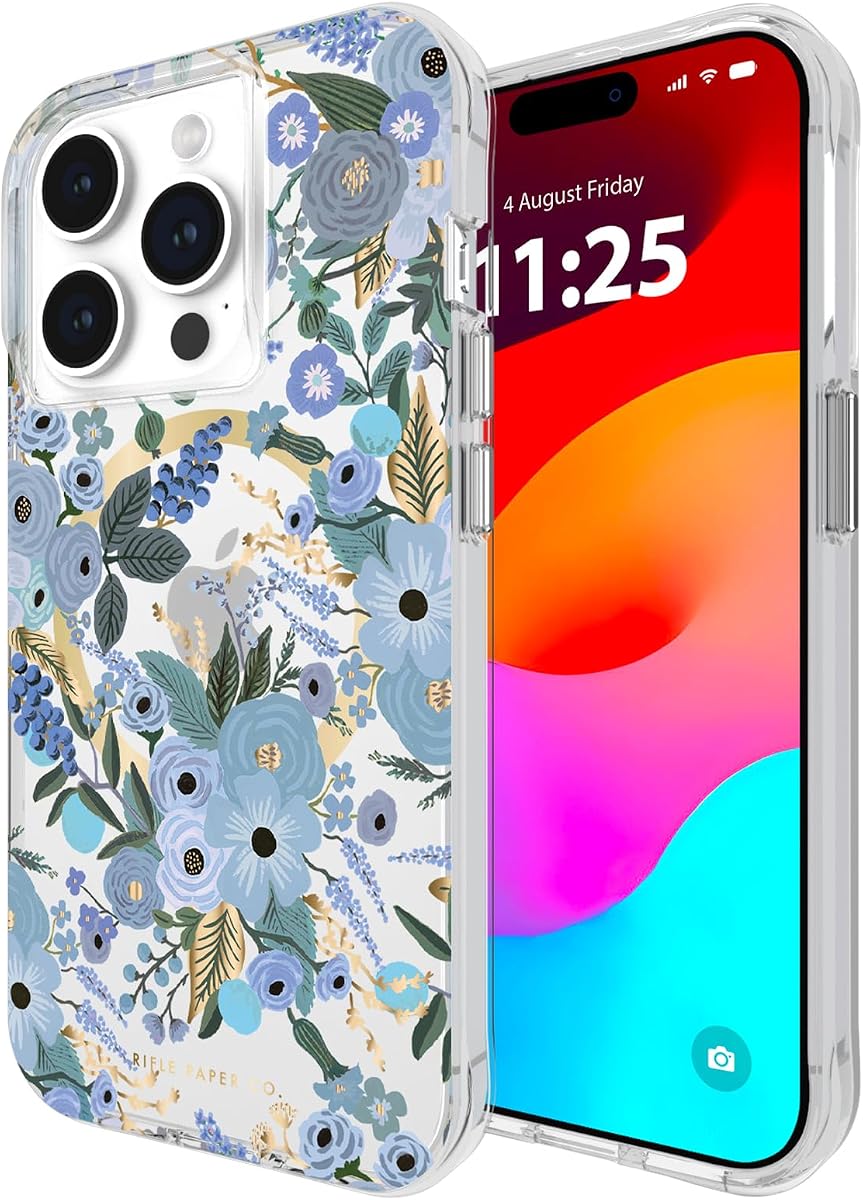 Funda para rifle Paper Co. iPhone 15 Pro [Compatible con MagSafe] [Protección contra caídas de 12 pies] Bonita funda para iPhone de 6.1" con patrón floral, tecnología antiarañazos, material a prueba de golpes, corte entallado - Garden Party Blue