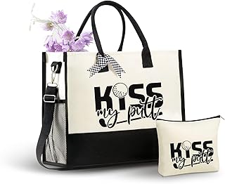 InnoBeta Golf Gifts for Women Canvas Tote Bag, Tote Bag with Top Zipper Closure and Shoulder Strap for Golf Lover - Kiss