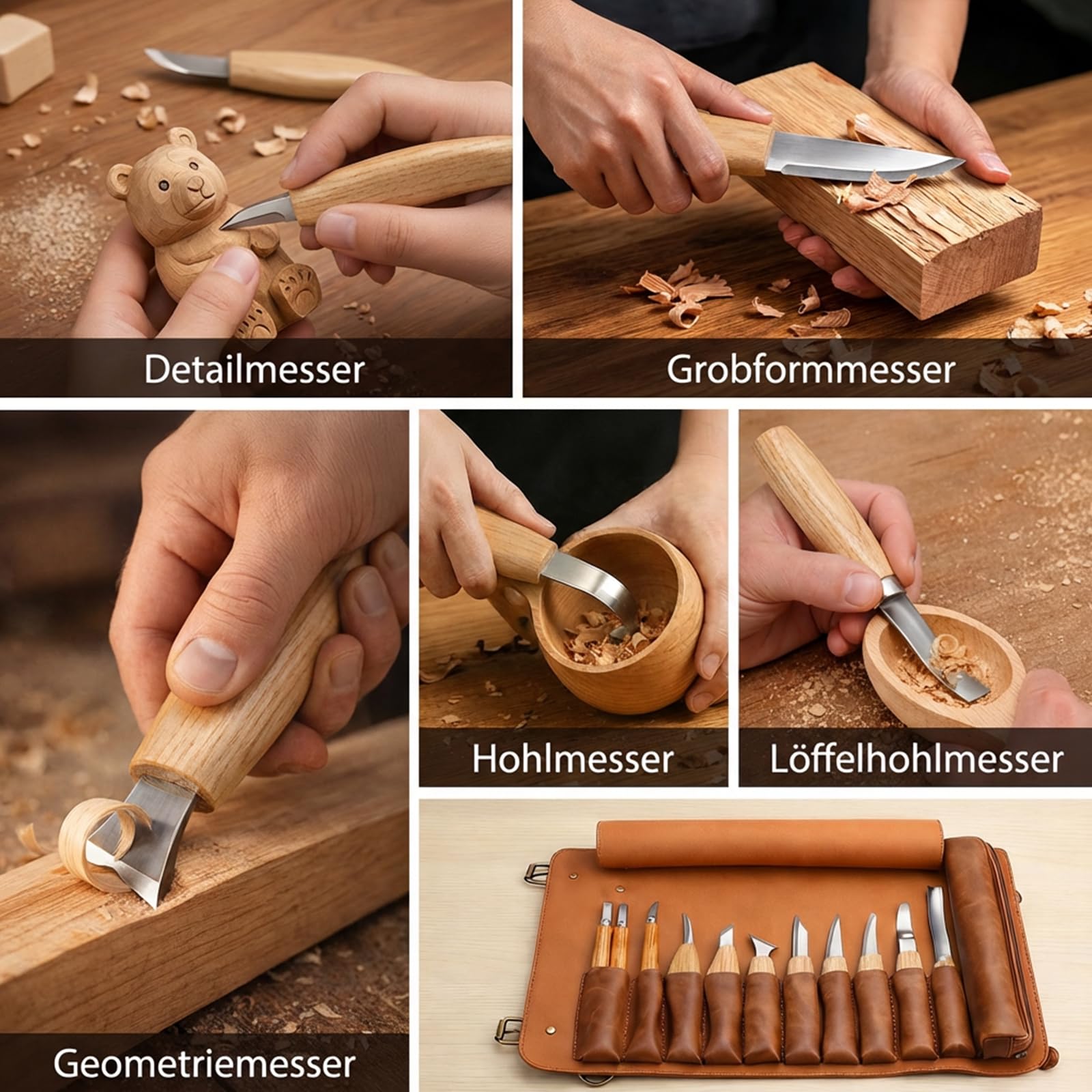 Set di 14 Coltelli per Intaglio del Legno con Astuccio in PU, Kit di Attrezzi Professionale per Intaglio, Adatto per Principianti, Adulti e Appassionati di Artigianato del Legno