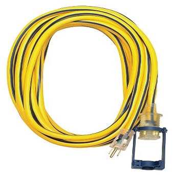Voltec 05-00105 12/3 SJTW Outdoor Extension Cord with E-Zee Lock and Lighted End, 25-Foot, Yellow with Blue Stripe