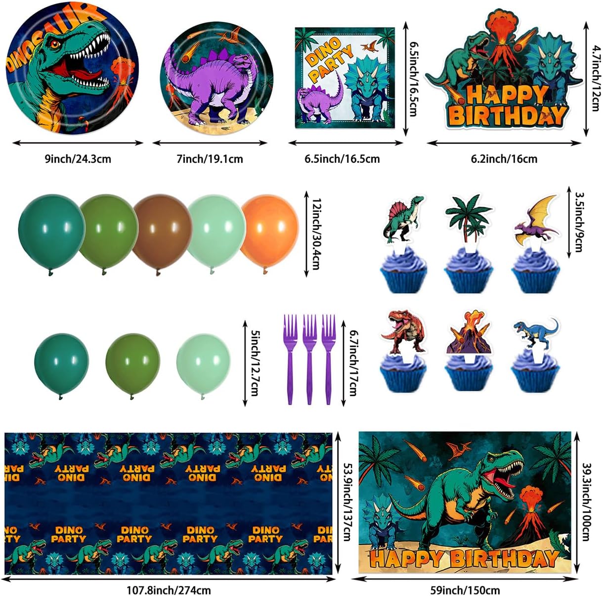 150Pcs Dinosaur Birthday Decorations Dinosaur Themed Party Decorations Set Includes Banner Backdrop Tablecloth Balloons Plates Forks Cake Toppers Cupcake Toppers - Image 4
