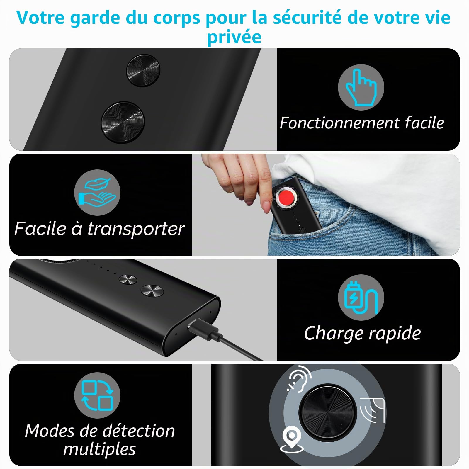 Micro Espion Détecteur, Bug Détecteur RF sans Fil, Anti-Espion Camera Espion GPS, Detecteur de Camera et Micro Espion, Détecteur de Bugs pour pour Bureau à Domicile Hôtel