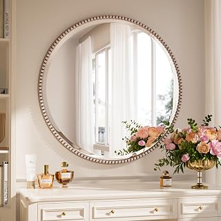28'' Round Mirror, Beaded Circle Decorative Wall Mirror, Silver