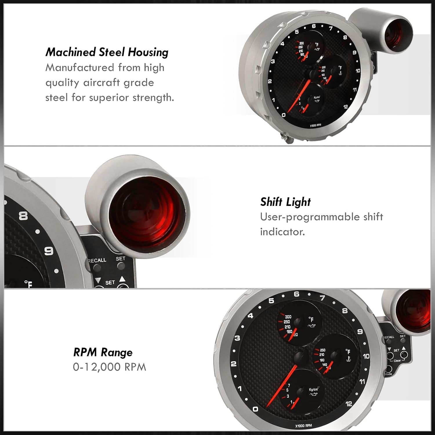 AJP Distributors 5.5" Silver Bezel Carbon Fiber Face 4-in-1 Analog Tachometer 12K RPM Tach Gauge w/Oil & Water Temperature Pressure + External LED Shift Light Compatible/Replacement For Universal Car
