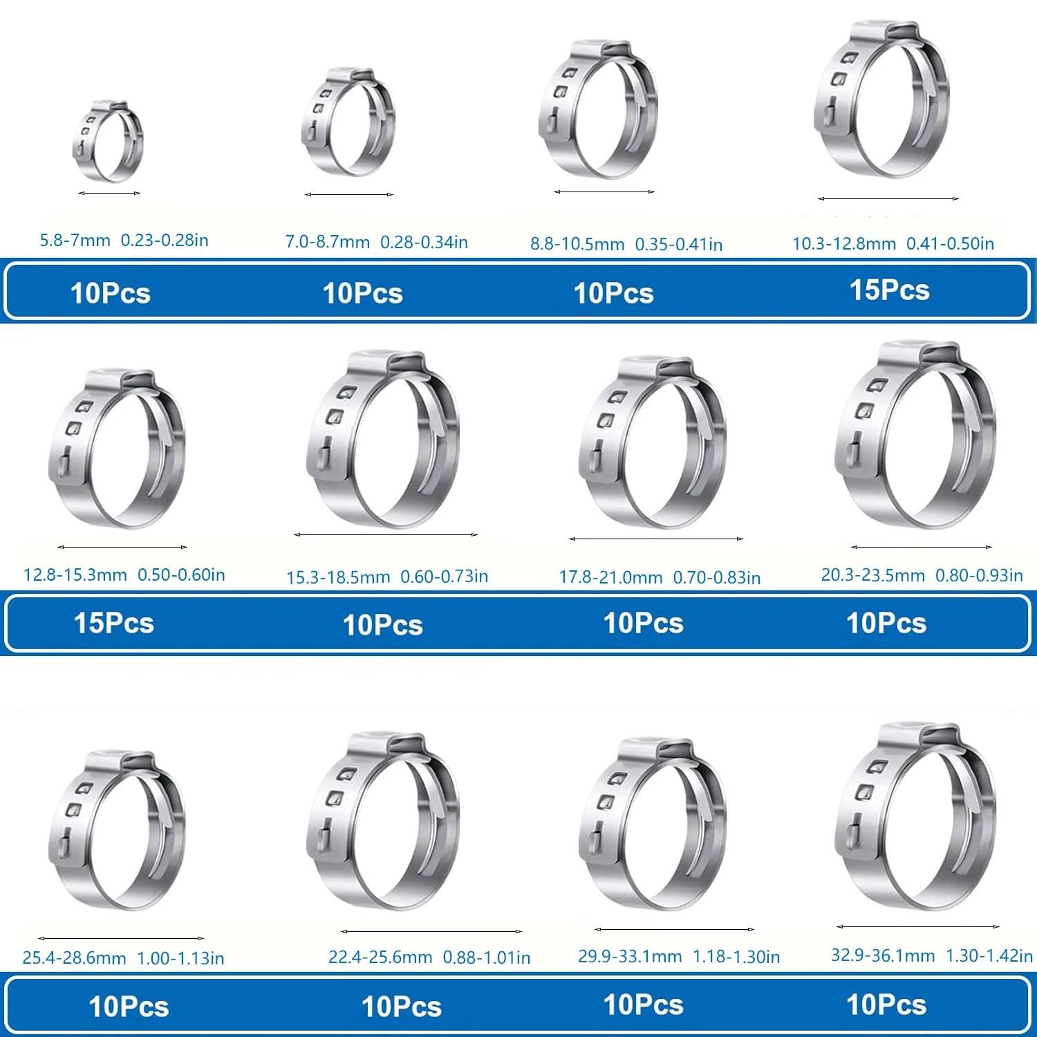 130 abrazaderas de manguera continuas de una sola oreja de 5,8 a 36,1 mm, anillos de abrazadera de cincha de acero inoxidable 304 for sellado