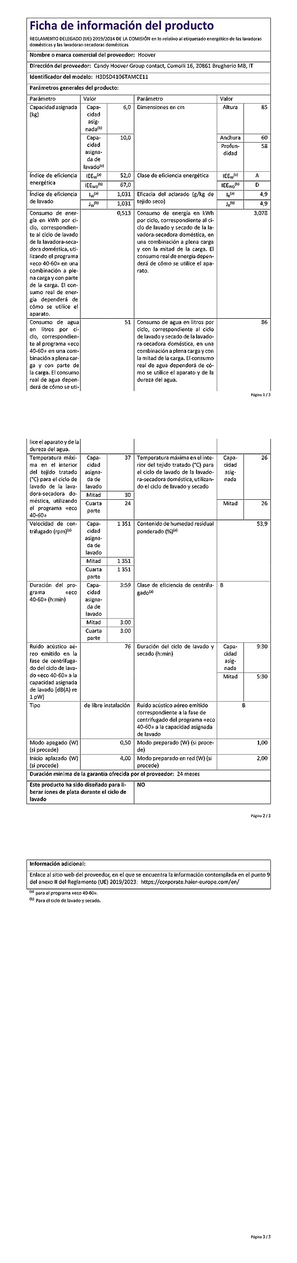 Hoover H3DSD4106TAMCE11 H-Wash&Dry 300 Pro, Lavasciuga 10 Kg, Libera Installazione, Carica Frontale, 1400 Giri, 16 Programmi, Bianca, Funzione Vapore, KG Mode, Classe A [D]