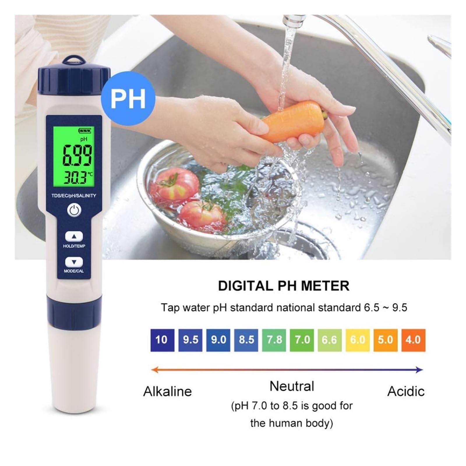 5 in 1 TDS/EC/PH/misuratore di Salinità/Temperatura Digitale Tester Monitoraggio della qualità Acqua for Piscine, Potabile, Acquari Rilevamento Rapido E Preciso(Probe)