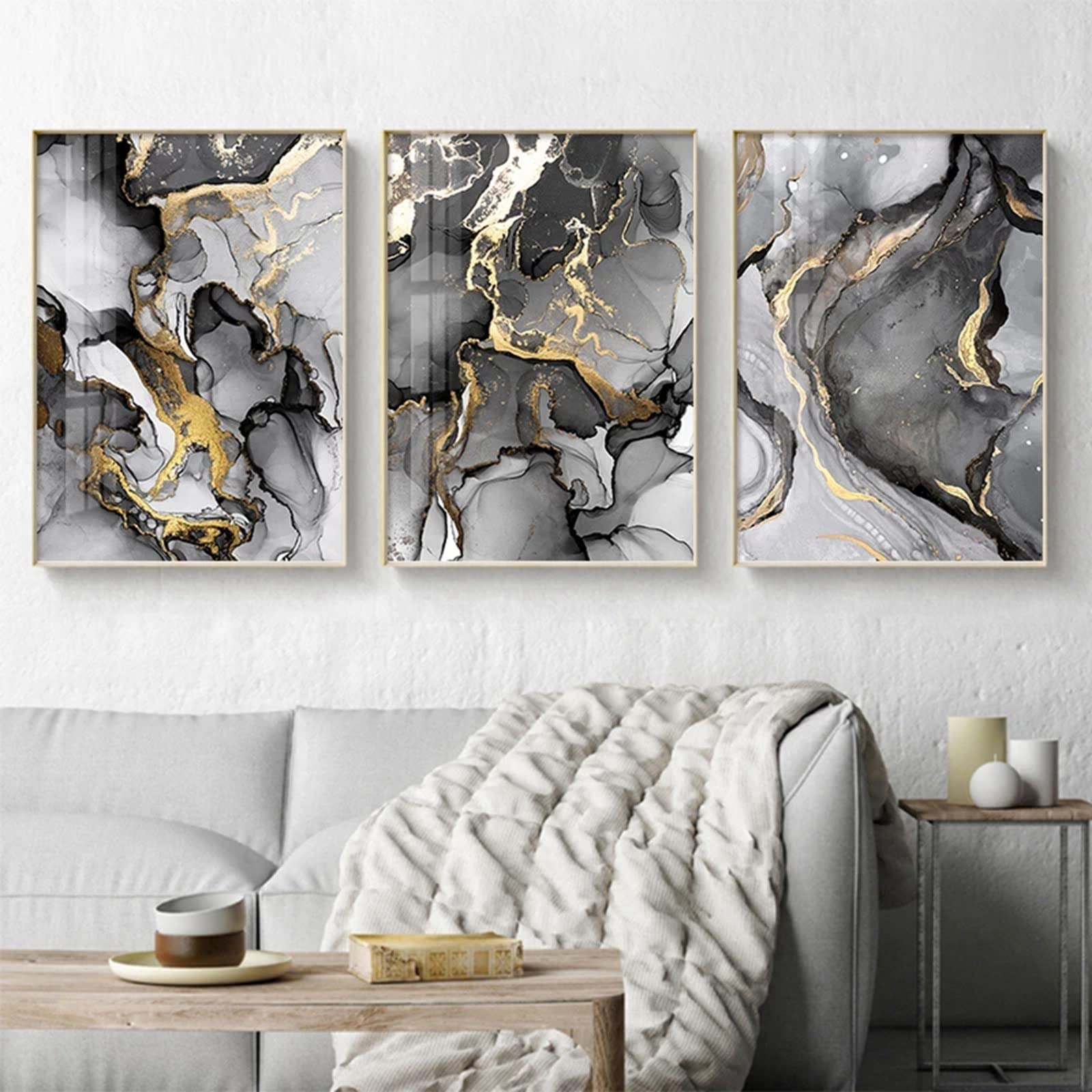 HEHGVCF Cuadro sobre lienzo Geométrico 40 x 60 cm, Arte Mármol Abstracto Negro, Blanco, Dorado Gris, Póster en Lienzo Conjunto de Cuadros sin Marco (D, 40 x 60 cm)