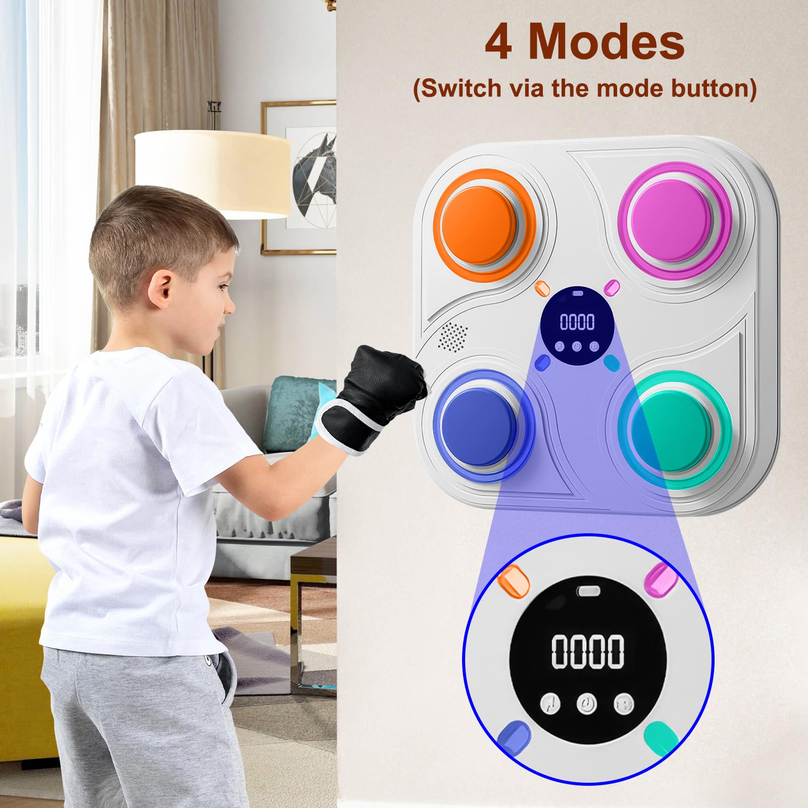 Máquina de Boxeo Musical, Máquina de Boxeo con Guantes y Luces LED, Máquina de Boxeo Musical Inteligente de 4 Modos, Máquina de Boxeo Montada en la Pared para Niños, Adultos