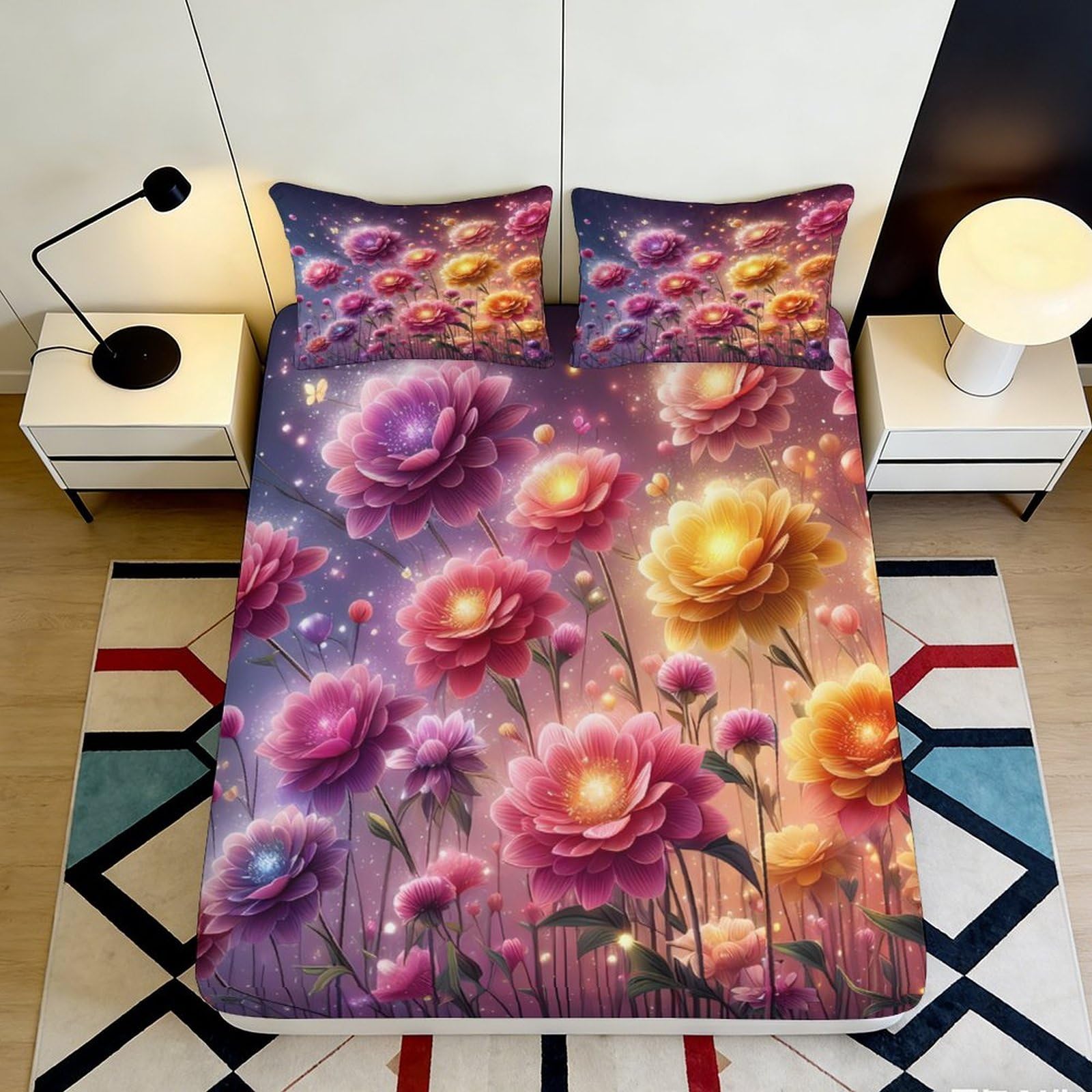 Pnayamiorkfel Style-2 3D Printed Floral Fantasy Fitted Sheet Microfiber Bedroom Decor Blossom Dream Bed Cover Anti-Slip Washable 90X200x25cm