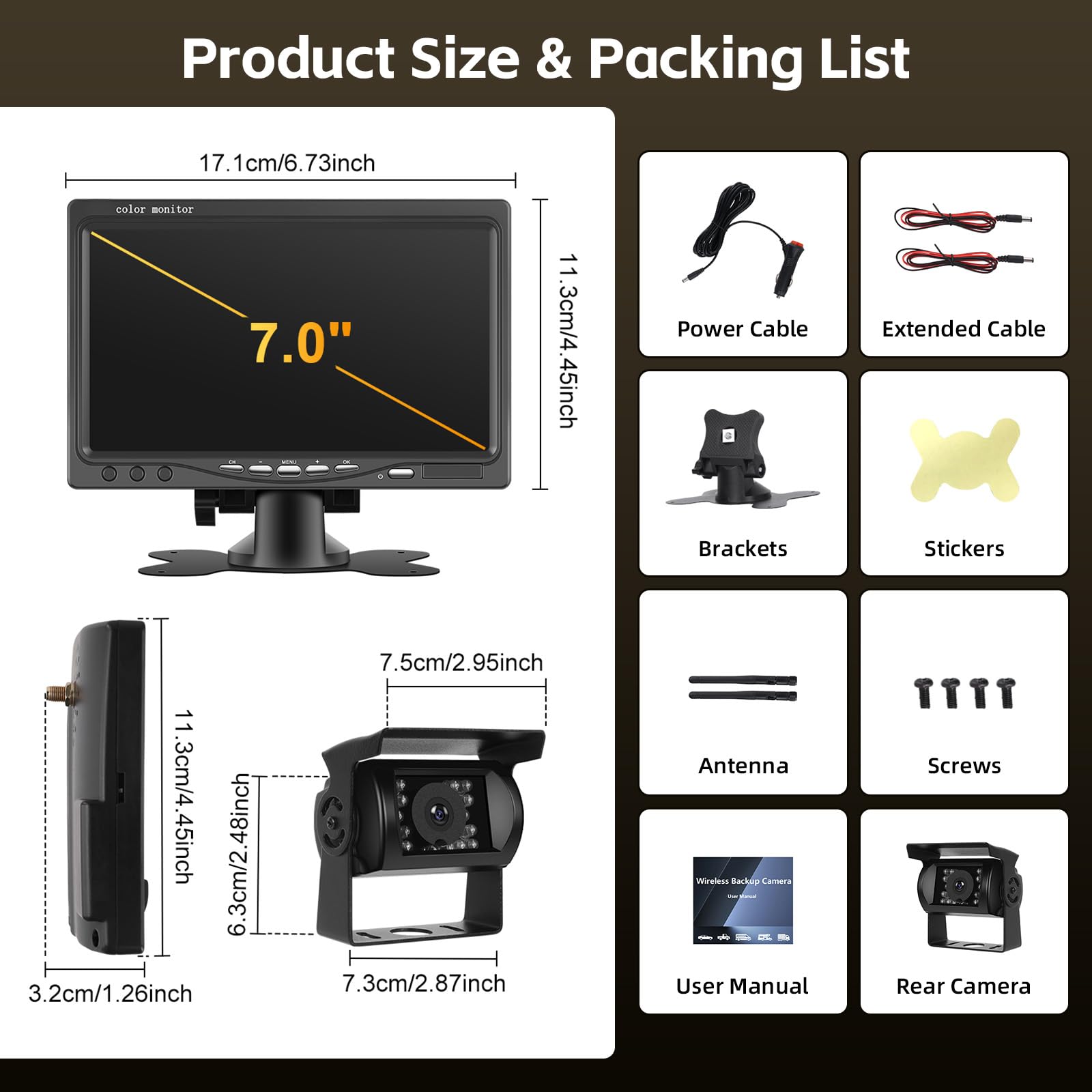 Hikity Cyfrowy monitor LCD 12-36 V, 7 cali, kamera cofania, bezprzewodowa, IP68, widoczność w nocy, kamera cofania, radiowa, kamera do przyczep kempingowych, ciężarówek, autobusów, vanów