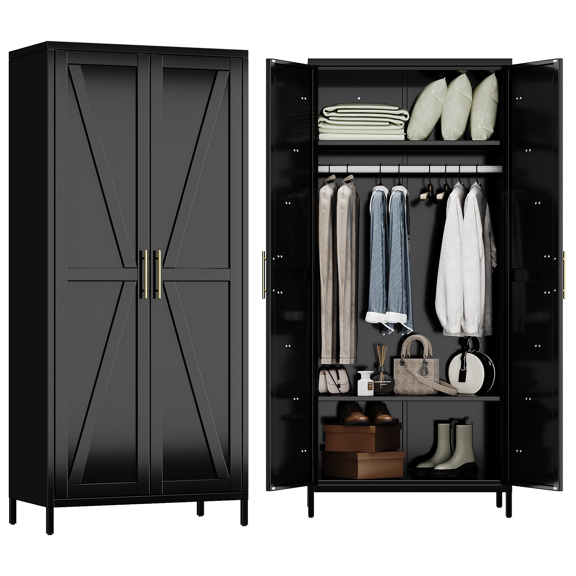 Aobabo 2 Door Metal Wardrobe Cabinet with Hanging Rod, Metal Wardrobe Closet with 2 Adjustable Shelves, Storage Lockers for Home,Office,Installation Required, Black