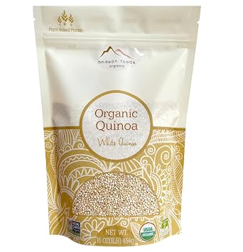 Andean Foods Organic White Quinoa PREMIUM QUALITY Superfood Grain Non-GMO, Gluten Free, Vegan, 1 lb, 16 oz