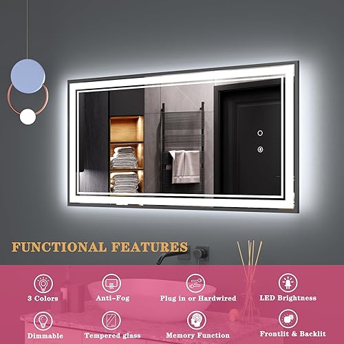 Miniatura 3 de Espejo de baño LED de 30 x 18 pulgadas con luces enmarcadas, espejo LED para baño, retroiluminado y frontal iluminado, marco de aluminio cuadrado