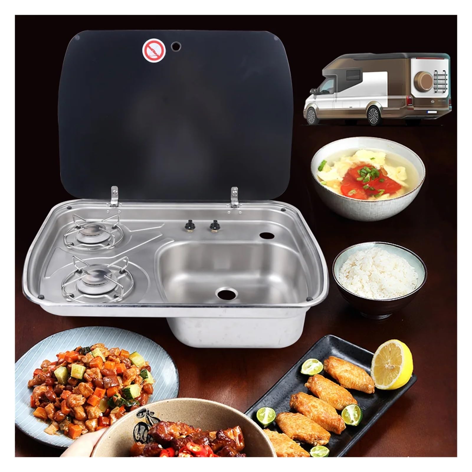 Cucina for Camper, roulotte, Barca, Piano Cottura a Gas a 2 fuochi e lavello con Coperchio in Vetro temperato, lavabo in Acciaio Inossidabile, Cucina for Camper