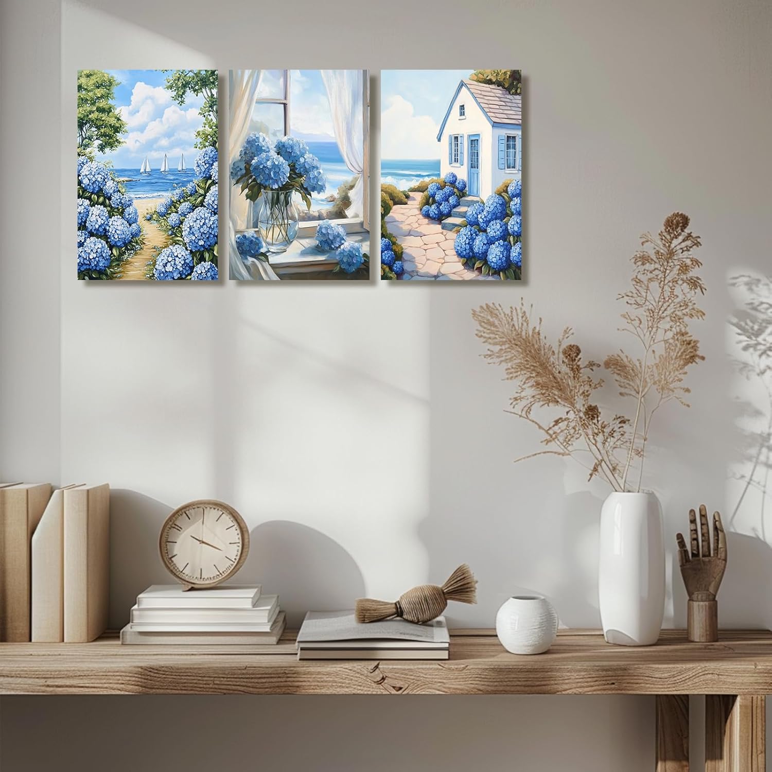 XLMDYYSW Hydrangea Wall Art Set of 3 Rustic Floral Canvas Print Blue Beach Seascape Painting Prints Coastal Artwork for Bathroom Living Room Bedroom Framed (Blue, 12.00" x 16.00" x 3PCS)