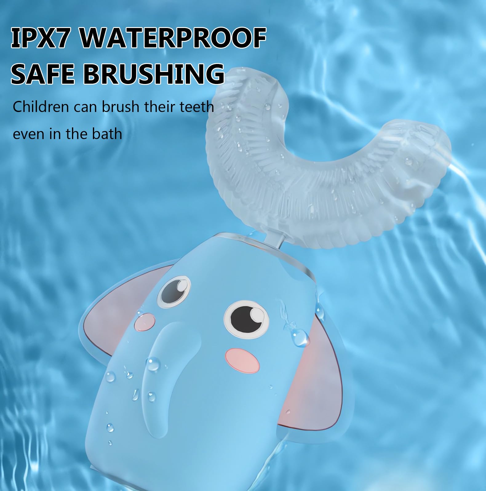 SNOWROSE Spazzolino elettrico per bambini a forma di U ad ultrasuoni IPX7, design impermeabile con 2 testine 3 modalità, pulizia completa a 360°, spazzolino automatico per bambini da 2 a 12 anni (blu